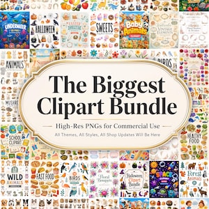 May include: A digital collection of various clipart sets featuring themes like transport, wedding, fruits, dinosaurs, Christmas, Asian food, jungle, underwater, Halloween, Easter, sweets, baby animals, flowers, school, and animals.
