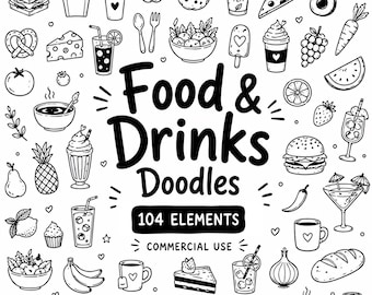 Food and Drinks Clip Art, Kitchen Doodle Cliparts, Cafe & Dessert Doodles, Digital Download, Commercial Use, 104 Transparent PNG