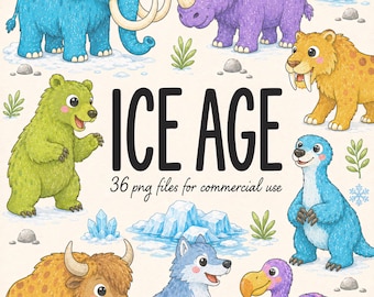 Animales de la Edad de Hielo, imágenes prediseñadas digitales, lindo mamut, rinoceronte lanudo y tigre dientes de sable en acuarela, PNG transparente de alta resolución, uso comercial.