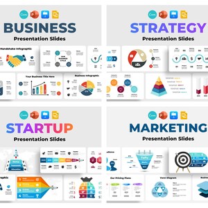 May include: A set of four presentation slides with colourful icons and graphics. The slides are titled "Business", "Strategy", "Startup", and "Marketing". Each slide features a different set of icons and graphics related to the topic of the slide.
