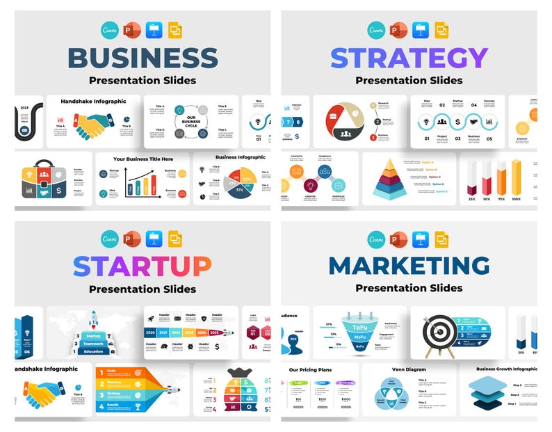 May include: A set of four presentation slides with colourful icons and graphics. The slides are titled "Business", "Strategy", "Startup", and "Marketing". Each slide features a different set of icons and graphics related to the topic of the slide.