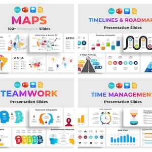 May include: A set of four presentation slide templates for PowerPoint, Canva, and Google Slides. The templates feature colourful infographics for maps, timelines, roadmaps, teamwork, and time management.