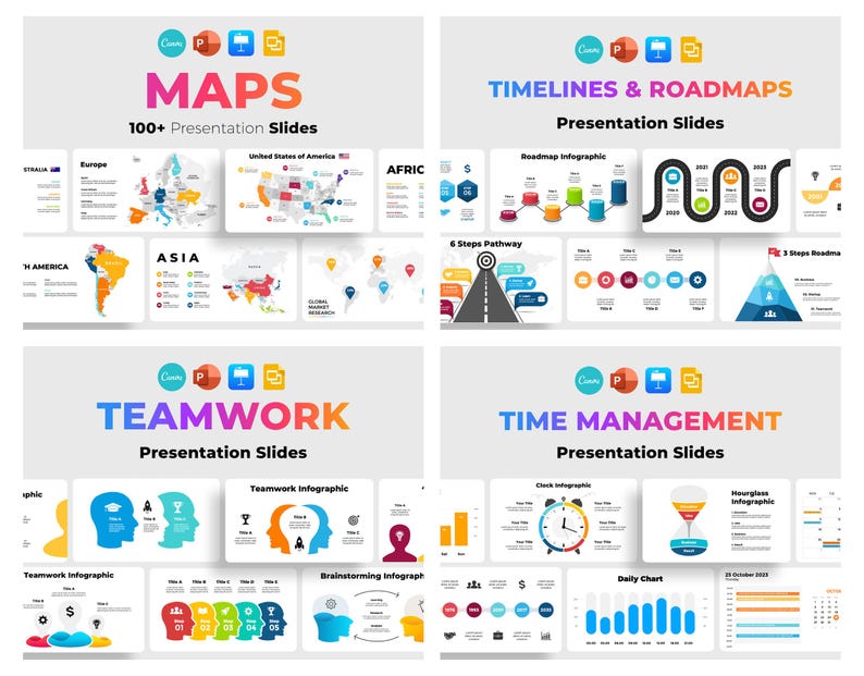May include: A set of four presentation slide templates for PowerPoint, Canva, and Google Slides. The templates feature colourful infographics for maps, timelines, roadmaps, teamwork, and time management.