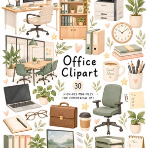 Può includere: Una collezione di illustrazioni a tema ufficio che include una scrivania, computer, libreria, stampante, sedia da ufficio, orologio da parete, piante, quaderni, penne, una tazza con il testo Good Ideas, una valigetta e una lista con il testo Plan.