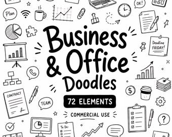 Business & Office Clip Art, Work Doodle Cliparts, Productivity Doodles, Digital Download, Commercial Use, 72 Transparent PNG