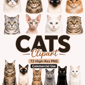 May include: A digital collection of cat portraits featuring various breeds and colours, including tabby, Siamese, and hairless cats. The text reads CATS Clipart, 72 High-Res PNG, and Commercial Use, presented in a grid layout on a light background.