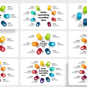 May include: Nine different circular infographic templates with colourful, 3D, rounded rectangular shapes connected by arrows. Each shape contains a different icon and the text "Write Something Incredible Here".