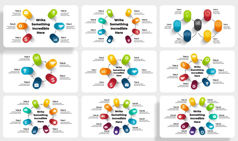 May include: Nine different circular infographic templates with colourful, 3D, rounded rectangular shapes connected by arrows. Each shape contains a different icon and the text "Write Something Incredible Here".