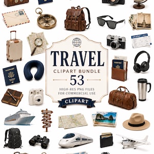 Puede incluir: Un paquete de imágenes prediseñadas de viaje con 53 archivos PNG de alta resolución que incluye una maleta vintage, pasaporte, avión, cámara, globo terráqueo, brújula, mochila, gafas de sol, fotos, sobre, equipaje, mapa, lupa y auriculares.