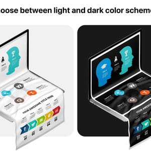 Customize your PowerPoint presentation templates with vector infographics in both light and dark color schemes. This image showcases how easily you can switch styles to match your brand or theme in PowerPoint, Canva,or Keynote. Fully editable slides with animated elements, perfect for a pitch deck, business presentation, or marketing report. Achieve a modern, professional look with just a few clicks!