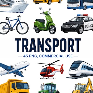 Może przedstawiać: Kolekcja ilustracji transportowych obejmująca statek wycieczkowy, żółtą taksówkę, autobus, niebieski rower, zielony skuter, radiowóz, samolot, helikopter, pociąg, żółtą wywrotkę, zielony ciągnik i koparko-ładowarkę z napisem TRANSPORT 45 PNG.