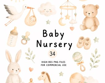 34 Boho Baby Nursery Clipart Set, Watercolor Newborn Clip Art, Teddy Bear, Baby Shower Party Cliparts, Kids Transparent PNG Illustration