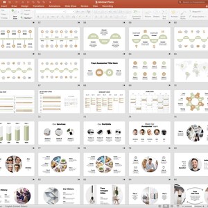 Peut inclure: Une capture d'&eacute;cran d'une pr&eacute;sentation PowerPoint avec un design minimaliste. Les diapositives pr&eacute;sentent divers mod&egrave;les pour les chronologies, les calendriers, les graphiques et les introductions d'&eacute;quipe. Le sch&eacute;ma de couleurs est beige et vert.