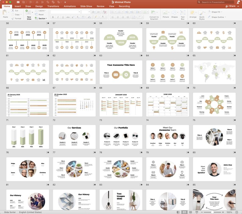 Peut inclure: Une capture d'&eacute;cran d'une pr&eacute;sentation PowerPoint avec un design minimaliste. Les diapositives pr&eacute;sentent divers mod&egrave;les pour les chronologies, les calendriers, les graphiques et les introductions d'&eacute;quipe. Le sch&eacute;ma de couleurs est beige et vert.