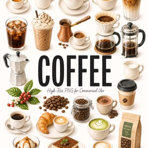 Könnte beinhalten: Eine Sammlung von Kaffee-Artikeln, darunter verschiedene Tassen mit heißem und Eiskaffee, eine French Press, ein Espressokocher, Kaffeebohnen, ein Glasgefäß, ein Croissant, Tiramisu, eine Kaffeetüte und ein Kaffeepflanzenzweig mit Text COFFEE.