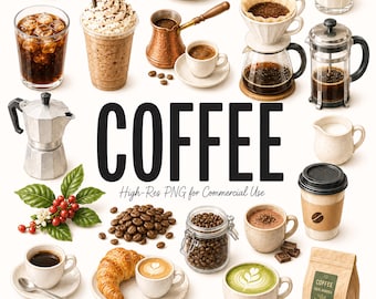 26 elementos de imágenes prediseñadas de café: espresso, latte, capuchino, café helado, granos de café, leche, chocolate caliente, bebidas de cafetería, ilustraciones PNG de alimentos y bebidas saludables.