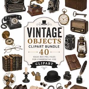 May include: A digital collection of vintage objects including a typewriter, gramophone, camera, suitcase, telephone, pocket watch, key, radio, compass, glasses, books, lantern, fan, candle, lighter, hat, inkwell, quill, shoes, letters, padlock, and box.