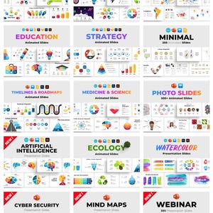Op de afbeelding: Een verzameling digitale presentatiedia-sjablonen gecategoriseerd op thema's, waaronder 3D-infographics, creatief, kaarten, onderwijs, strategie, minimaal, tijdlijnen, geneeskunde, fotodia's, kunstmatige intelligentie, ecologie, aquarel, cyberbeveiliging, mindmaps en webinars.