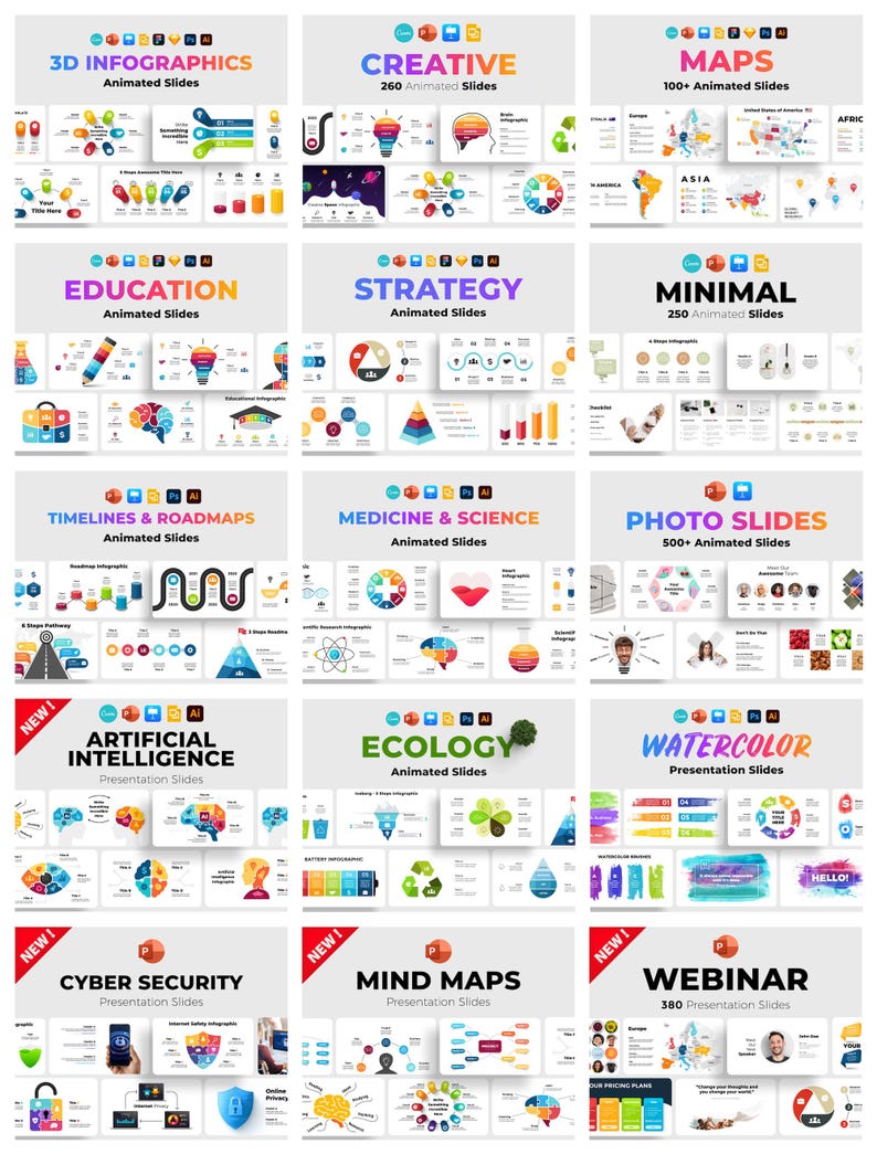 Op de afbeelding: Een verzameling digitale presentatiedia-sjablonen gecategoriseerd op thema's, waaronder 3D-infographics, creatief, kaarten, onderwijs, strategie, minimaal, tijdlijnen, geneeskunde, fotodia's, kunstmatige intelligentie, ecologie, aquarel, cyberbeveiliging, mindmaps en webinars.