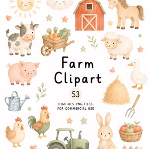 May include: A collection of watercolour farm-themed illustrations including a red barn, a horse, a cow, a pig, a sheep, a duck, a rabbit, a rooster, a hen, a tractor, a wheelbarrow with vegetables, a haystack, a watering can, and a pitchfork.