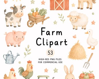 54 Watercolor Farm Animals Clipart, Boho Farmhouse Clip Art, Cozy Fall Illustration Cliparts, Autumn PNG, Commercial Use, Digital Download