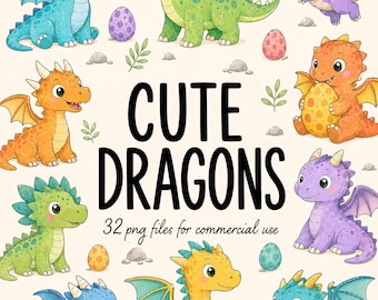 32 imágenes prediseñadas de dragones adorables, dragón bebé de acuarela colorido, ilustraciones de fantasía divertidas, animales graciosos, PNG para uso comercial.