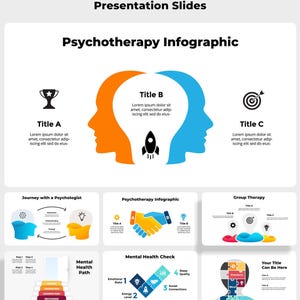 May include: Infographic presentation slides about mental health and psychology. The slides include titles such as "Journey with a Psychologist", "Psychotherapy Infographic", "Mental Health Check", and "Group Therapy".