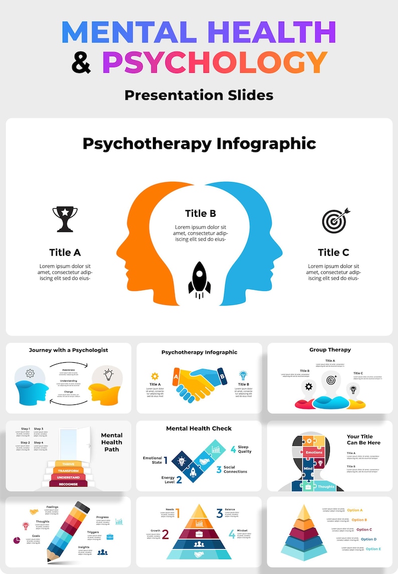 May include: Infographic presentation slides about mental health and psychology. The slides include titles such as "Journey with a Psychologist", "Psychotherapy Infographic", "Mental Health Check", and "Group Therapy".