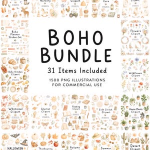 May include: A digital collection titled BOHO BUNDLE 31 Items Included 1500 PNG ILLUSTRATIONS FOR COMMERCIAL USE, featuring various watercolour-style clipart sets including woodland animals, nursery items, farm scenes, flowers, and seasonal themes.