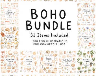 Boho Clipart, 31 Items in 1 Bundle, 1500 Cozy PNG Clip Art, Watercolor Woodland Farm Animals Baby Shower Nursery Pastel Wedding Flowers