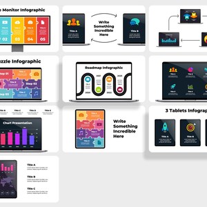 May include: Infographic templates for presentations with different layouts.  The templates feature a wide monitor, puzzle pieces, a roadmap, a chart, and tablets.  The templates are designed to help users create visually appealing and informative presentations.
