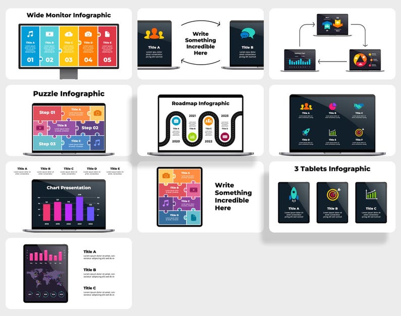 May include: Infographic templates for presentations with different layouts.  The templates feature a wide monitor, puzzle pieces, a roadmap, a chart, and tablets.  The templates are designed to help users create visually appealing and informative presentations.