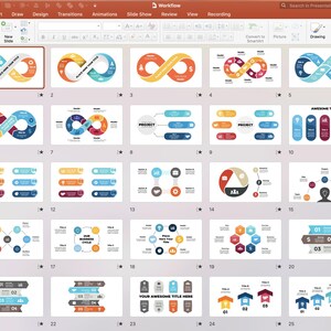 May include: A screenshot of a PowerPoint presentation with 26 slides featuring various colorful infographic templates. The templates include different shapes, such as circles, squares, and hexagons, and are designed to represent processes, workflows, and data.