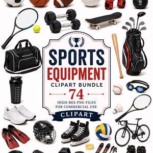 Op de afbeelding: Een verzameling sportuitrusting waaronder een voetbal, basketbal, American football, volleybal, bokshandschoenen, 16 kg kettlebell, tennisracket, dumbbells, skateboard, golfclubs, sporttas, honkbalknuppel, zwembril, sportschoenen, zwemvliezen, helm, schaatsen, fiets, springtouw, foamroller, horloge, ski's en een ijshockeypuck.