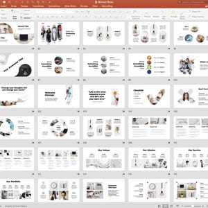 Peut inclure: Une capture d'&eacute;cran d'une pr&eacute;sentation PowerPoint avec 15 diapositives. Les diapositives sont blanches avec du texte noir et des images. Les diapositives comprennent des titres tels que "Votre titre g&eacute;nial", "Message de bienvenue", "Liste de contr&ocirc;le", "Nos valeurs", "Notre mission" et "Notre service".