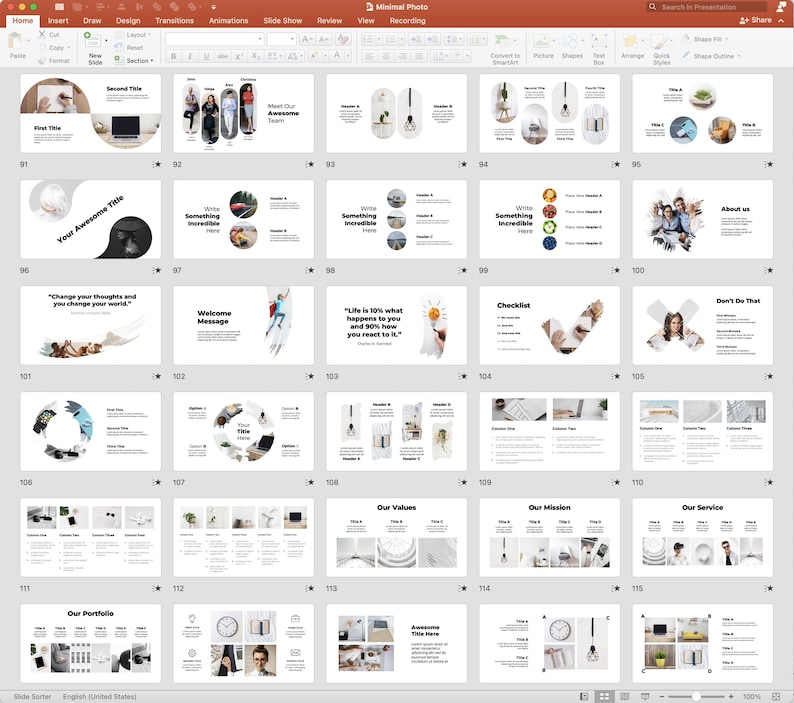 Peut inclure: Une capture d'&eacute;cran d'une pr&eacute;sentation PowerPoint avec 15 diapositives. Les diapositives sont blanches avec du texte noir et des images. Les diapositives comprennent des titres tels que "Votre titre g&eacute;nial", "Message de bienvenue", "Liste de contr&ocirc;le", "Nos valeurs", "Notre mission" et "Notre service".
