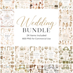 Puede incluir: Una colección digital de bodas con 24 sets de ilustraciones en acuarela que incluyen flores, pasteles, letreros, parejas y temas estacionales con el texto Wedding BUNDLE 24 Items Included 800 PNG for Commercial Use.