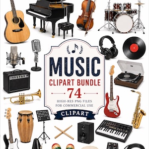 Può includere: Una collezione digitale di strumenti musicali e apparecchiature audio che include un pianoforte, chitarre, batteria, sassofono, tromba, violino, microfono, cuffie, giradischi, altoparlante, tastiera, maracas, tamburello e cavi con testo MUSIC CLIPART BUNDLE.