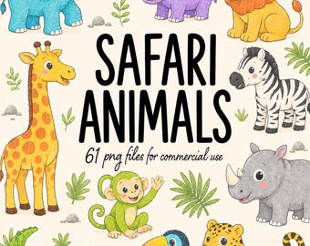 61 imágenes prediseñadas de animales de safari, lindos animales de la selva en acuarela, naturaleza africana, elefante, león, jirafa, PNG transparente de alta resolución, uso comercial.