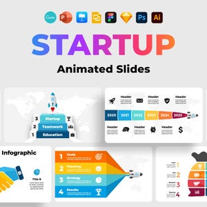 Puede incluir: Un conjunto de diapositivas animadas para una presentación de negocios de una startup. Las diapositivas presentan una variedad de iconos y gráficos coloridos, incluyendo un cohete, un apretón de manos, una bolsa de dinero y una línea de tiempo. Las diapositivas están diseñadas para ser atractivas e informativas, y se pueden usar para presentar una variedad de temas, como los objetivos de la empresa, los hitos y el rendimiento financiero.
