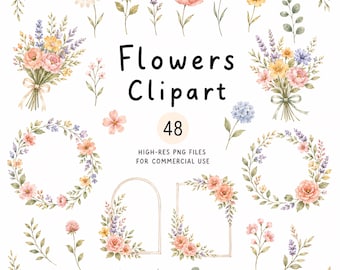 Boho Flowers Clip Art, 48 High-Res PNG Clipart Commercial Use, Digital Download, Cute Bouquets, Cozy Wreaths, Rustic Frames, Muted Borders