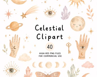 Watercolor Boho Celestial Clipart, 40 Transparent PNG, Whimsical Dreamy Clip Art, Commercial Use Cliparts, Digital Download, Astrology