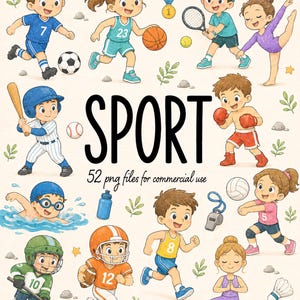 Może przedstawiać: Kolekcja cyfrowych ilustracji przedstawiających dzieci uprawiające różne sporty, w tym piłkę nożną, koszykówkę, tenis, gimnastykę, baseball, boks, pływanie, hokej, futbol amerykański, bieganie, siatkówkę i jogę, z napisem SPORT 52 png files.