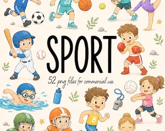 Conjunto de 52 imágenes prediseñadas de deportes infantiles, lindos niños atletas en acuarela, fútbol, baloncesto, tenis, fútbol americano, PNG transparente de alta resolución
