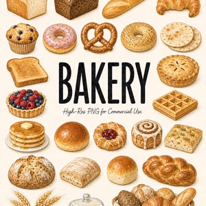Könnte beinhalten: Eine Sammlung von Backwaren, darunter Brotlaibe, ein Croissant, ein Krapfen, eine Brezel, ein Bagel, ein Muffin, Toast, eine Beeren-Tarte, ein Kuchen, eine Waffel, Pfannkuchen, eine Zimtschnecke, Focaccia, Weizenähren, Butter in einer Schale.