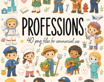 Conjunto de imágenes prediseñadas de profesiones, lindas profesiones infantiles en acuarela, médico, maestro, bombero, cocinero, simpáticos personajes de bebés, PNG transparente de alta resolución
