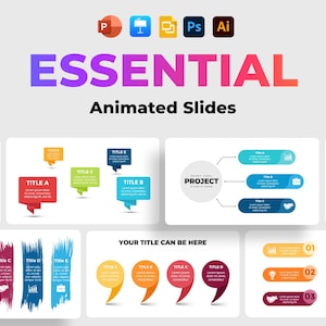 Pode incluir: Um conjunto de slides animados coloridos para apresentações. Os slides apresentam vários designs de gráficos e infográficos, incluindo um cronograma de projeto, um fluxo de processo e uma lista de etapas. Os slides são projetados para uso no PowerPoint, Keynote, Google Slides, Photoshop e Illustrator.