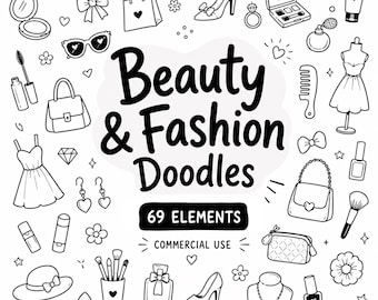 Beauty Fashion Clip Art, Makeup Doodle Cliparts, Black White Doodles, Digital Download, Commercial Use, 69 Transparent PNG