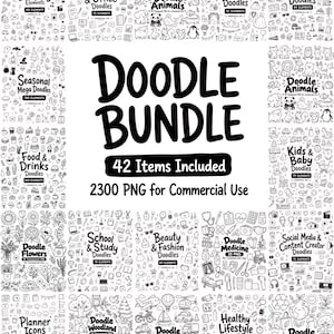 42 in 1 Doodle Bundle, 2300 PNG Clip Art, Black & White Doodles Clipart, Minimalistic Line Cliparts, Digital Download
