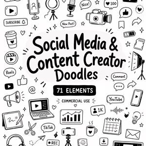 Könnte beinhalten: Eine Sammlung von handgezeichneten schwarz-weißen Kritzeleien mit Symbolen für soziale Medien und Content-Erstellung. Der zentrale Text lautet Social Media & Content Creator Doodles 71 ELEMENTS COMMERCIAL USE. Enthält Kameras, Mikrofone und Laptops.